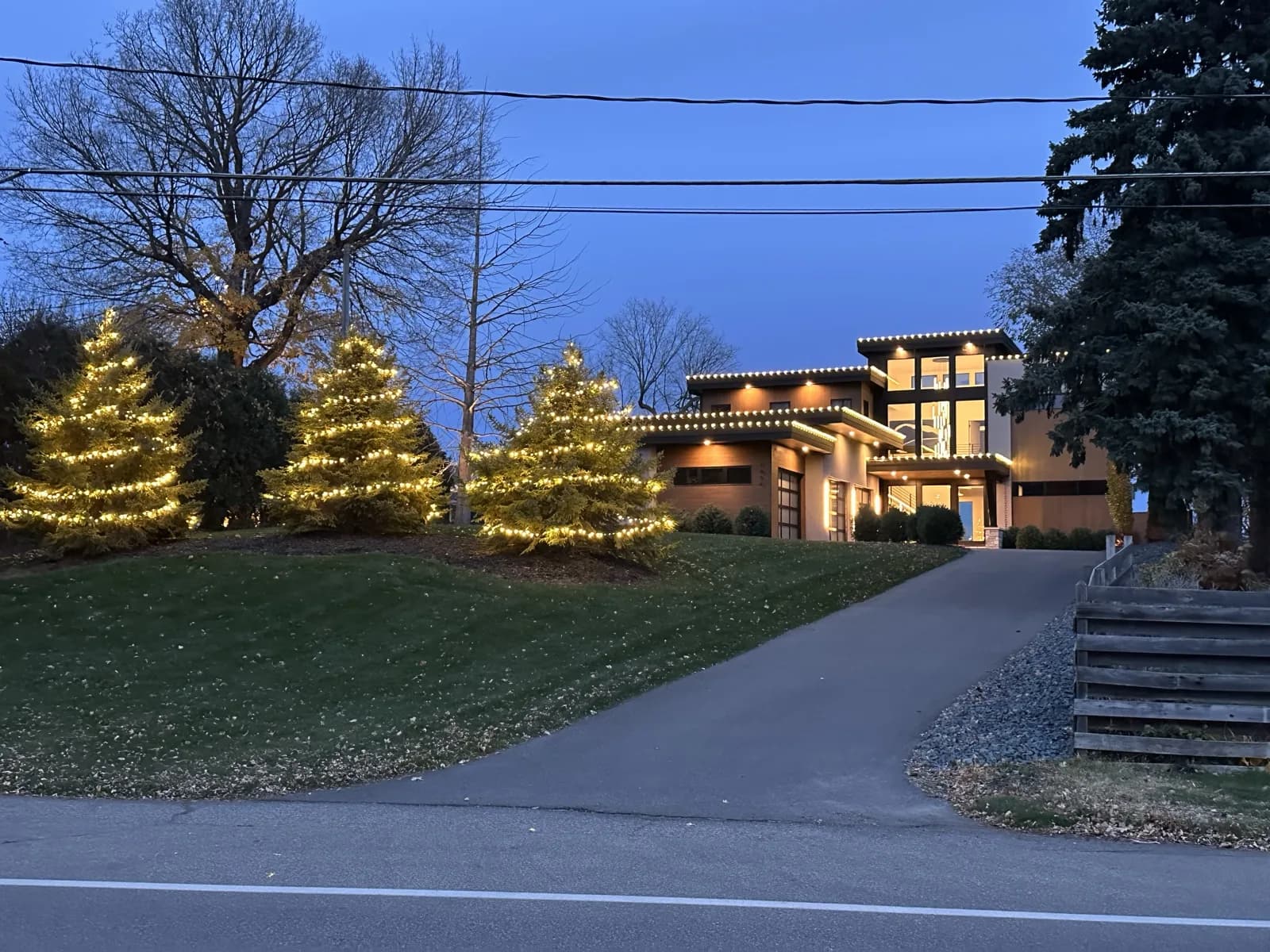 Lake Minnetonka lake house — three pine trees wrapped in 5mm mini lights and a modern home with C9 lights across the whole roofline