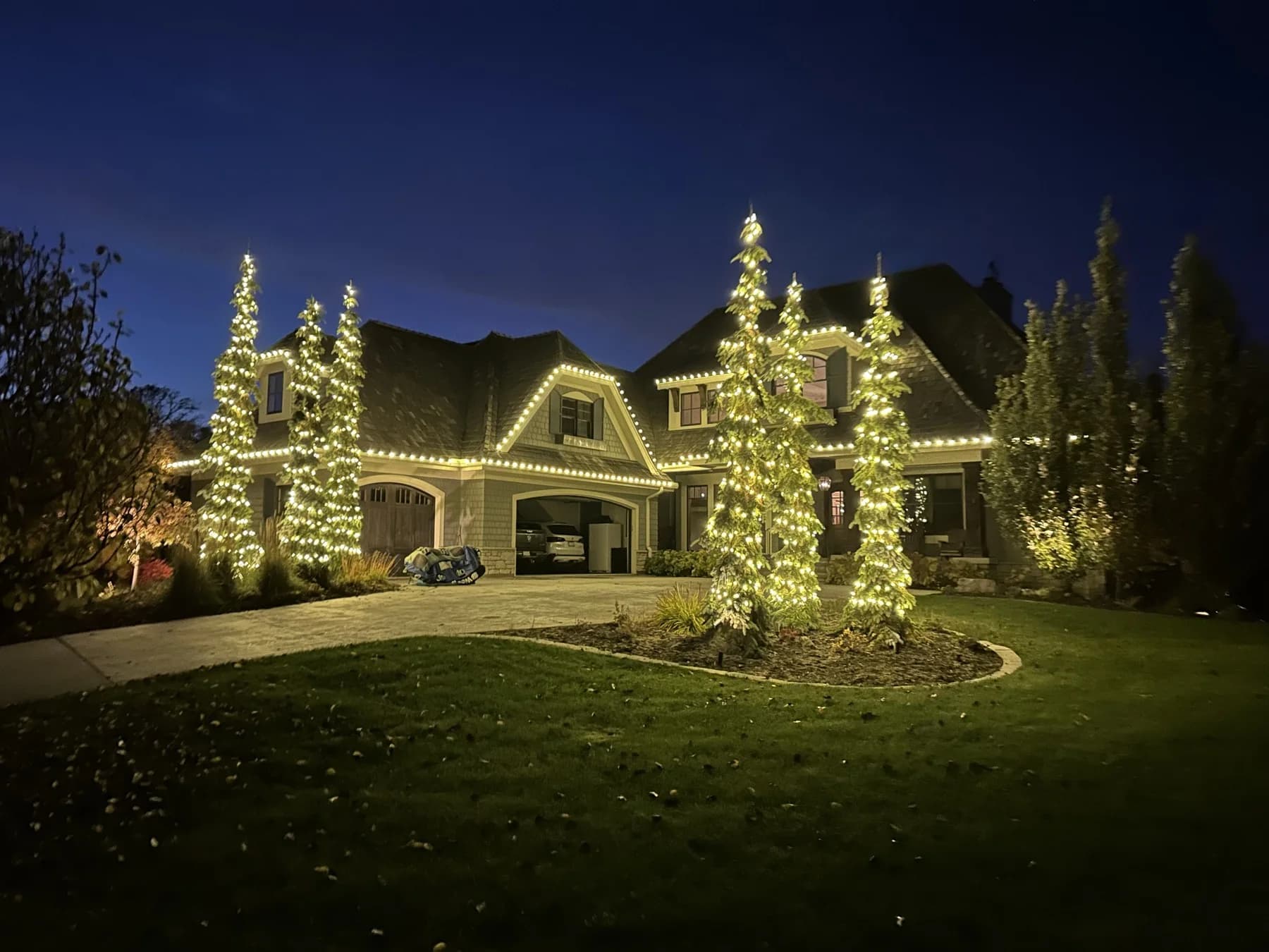 Warm white Christmas lights on tall cypress trees at a Twin Cities estate